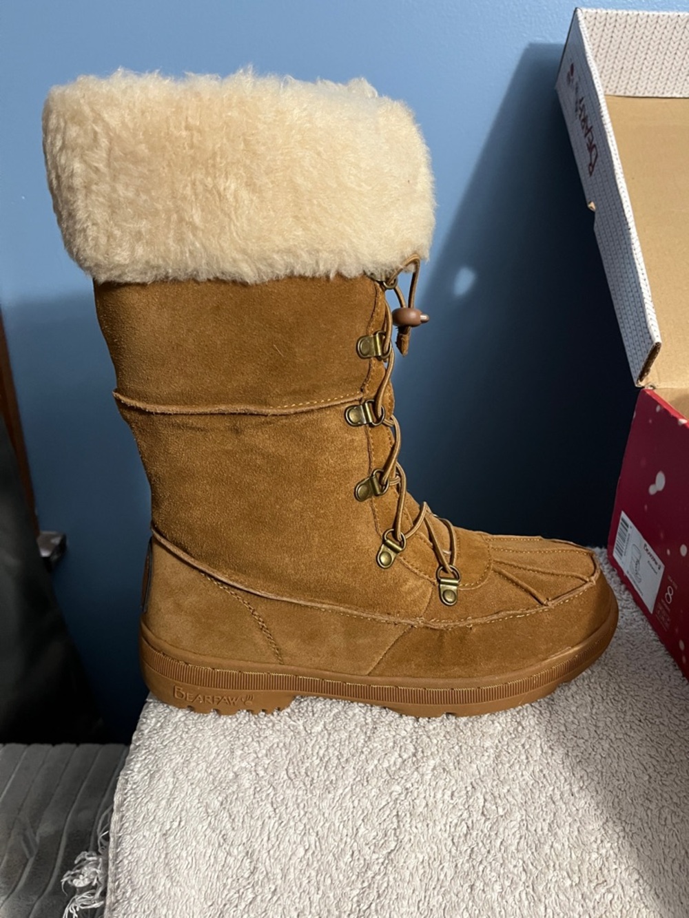 BearPaw Chestnut Suede Winter Boot with Cream Shearling Cuff